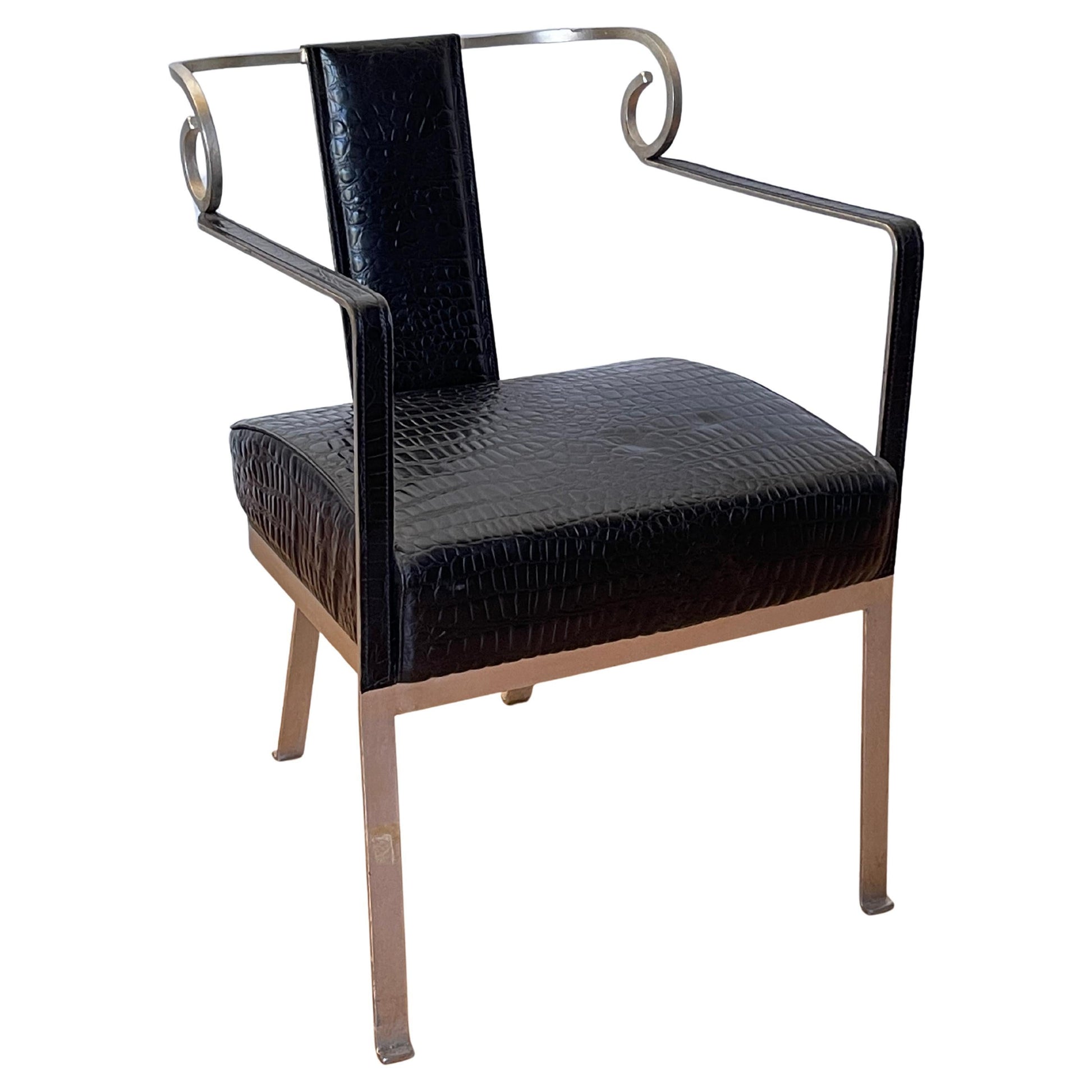 Sedia Vintage in Acciaio e Pelle Nera Effetto Coccodrillo
