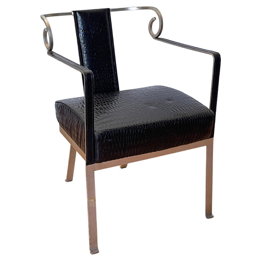 Sedia Vintage in Acciaio e Pelle Nera Effetto Coccodrillo