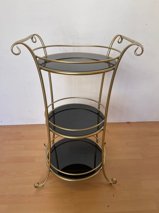 Carrello portavivande vintage in ottone e vetro nero