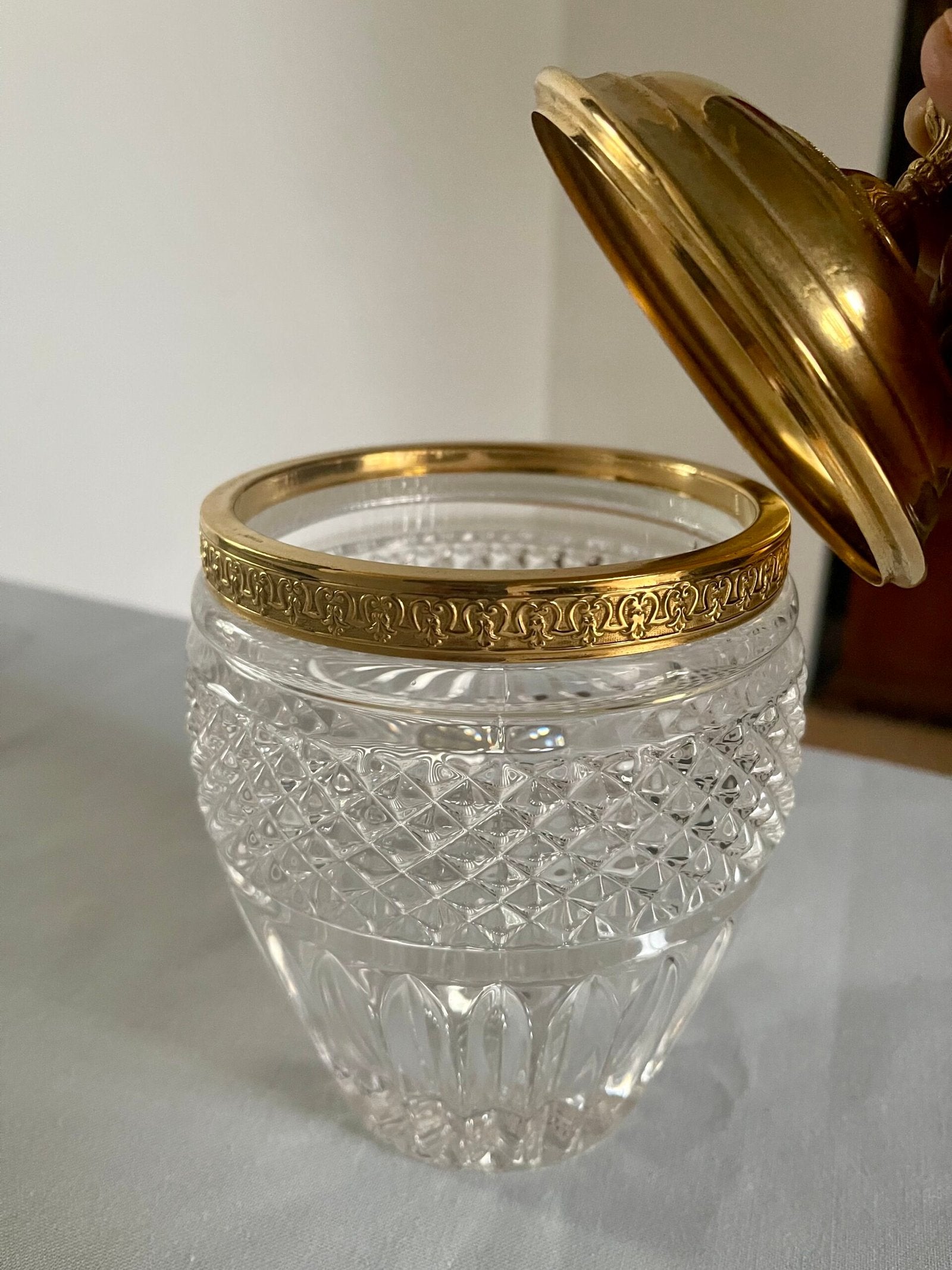 Vaso/Zuccheriera in Cristallo Tagliato e Bronzo Dorato