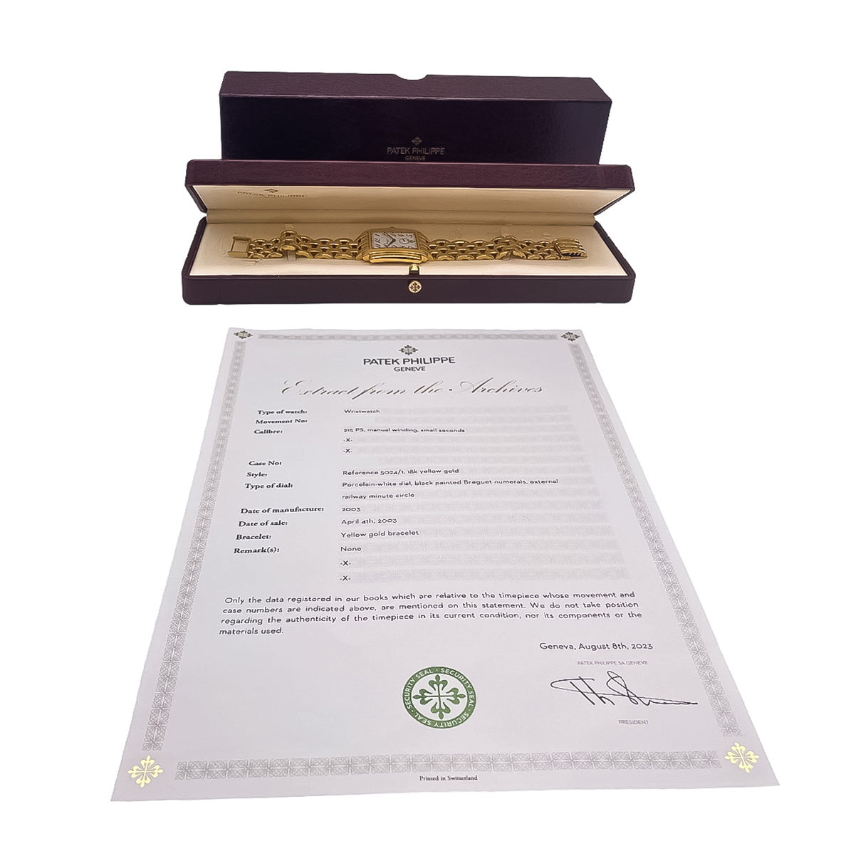 GONDOLO 5024/1 FULL YELLOW GOLD PORCELAIN-WHITE DIAL EXTRACT FROM THE ARCHIVES PATEK PHILIPPE YEAR 2003 30X38MM